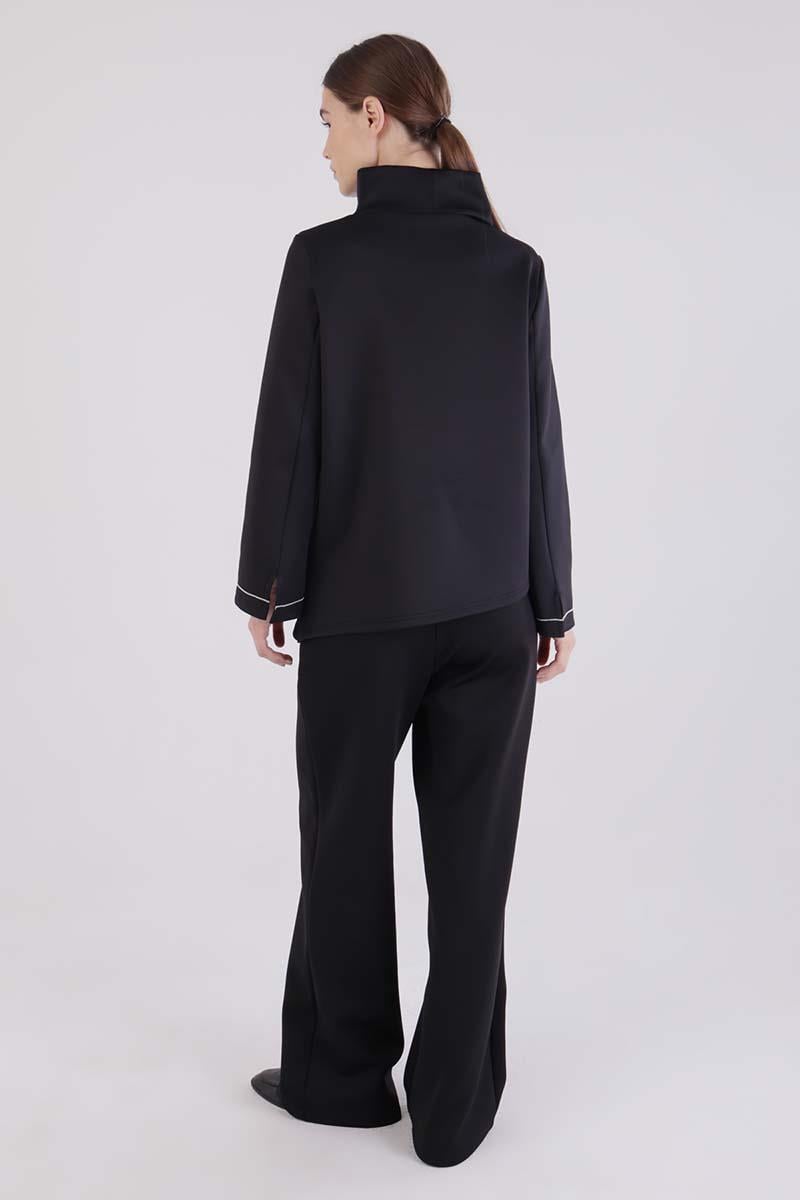 Black-High Collar Sleeve Slit Scuba Blouse