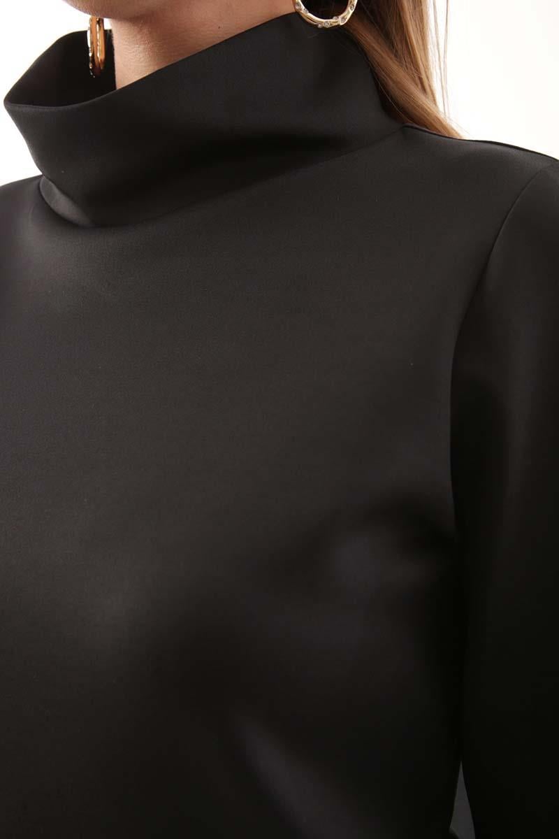 Black-High Collar Sleeve Slit Scuba Blouse