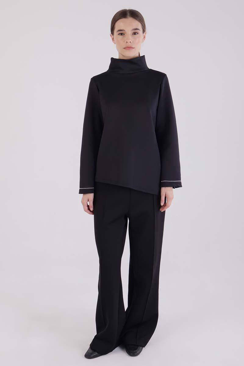 Black-High Collar Sleeve Slit Scuba Blouse