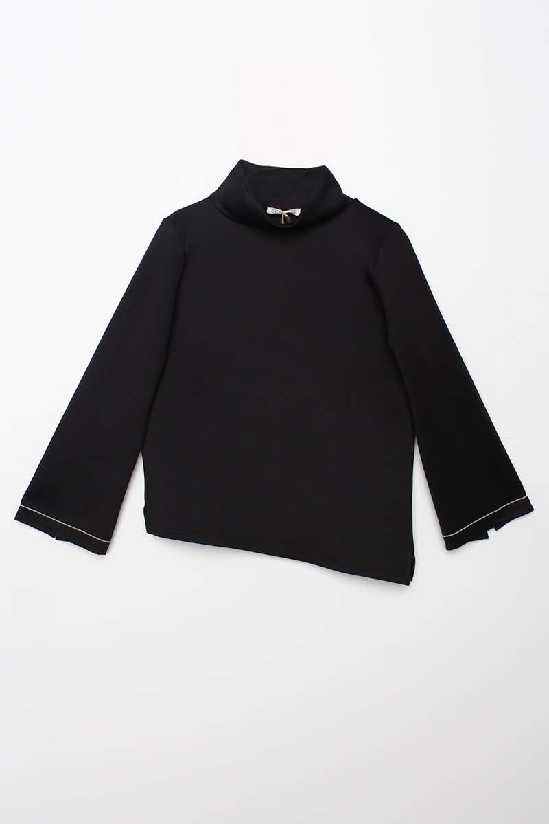 Black-High Collar Sleeve Slit Scuba Blouse