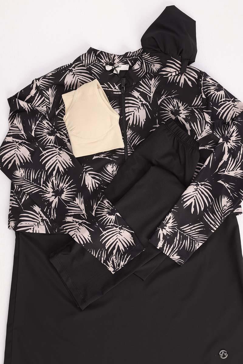 Maillot de bain hijab noir à demi-fermeture éclair quatre pièces