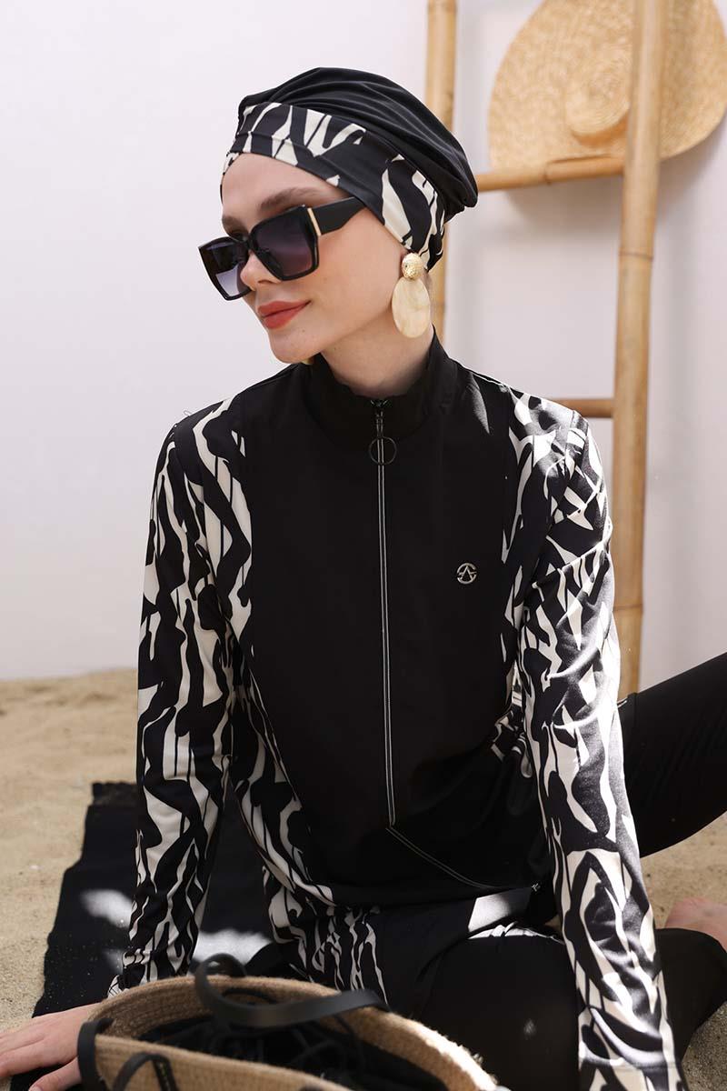 Maillot de bain hijab noir quatre pièces à taille froncée