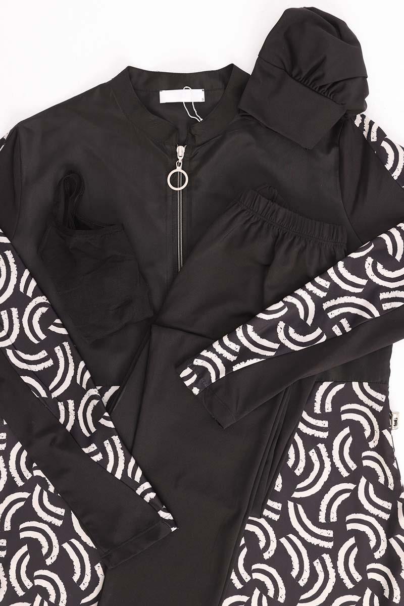 Maillot de bain hijab noir à demi-patte de boutonnage et taille plissée, quatre pièces