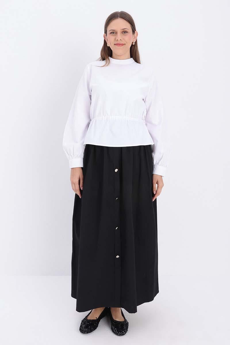 Black-Button Detailed Pleated Skirt