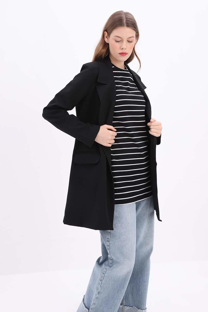 Schwarz-ecru-baumwollgestreifte Nullärmel-Tunika