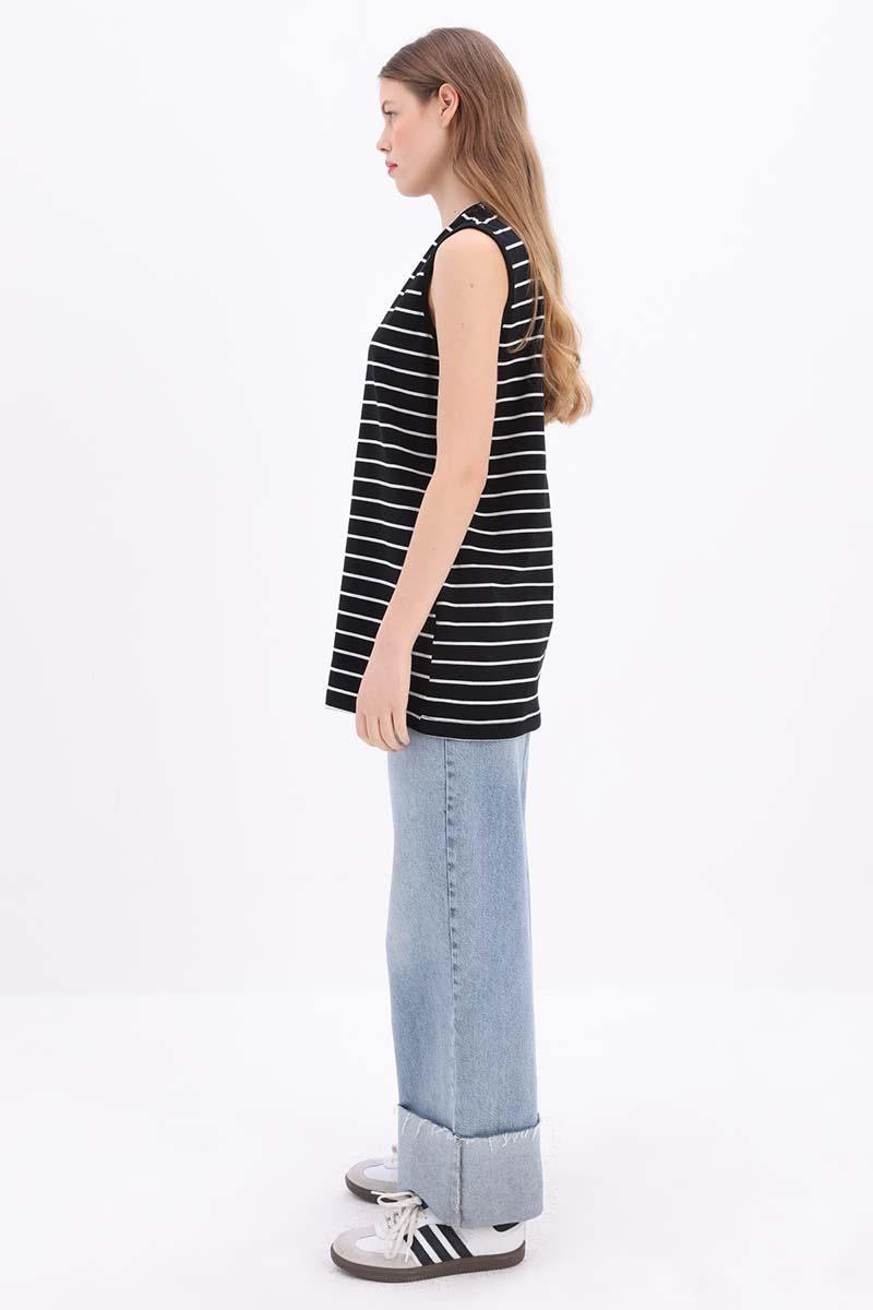 Schwarz-ecru-baumwollgestreifte Nullärmel-Tunika