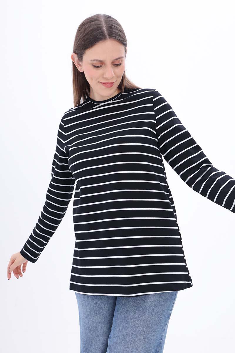 Siyah-Ekru-Pamuklu Çizgili Tshirt Tunik