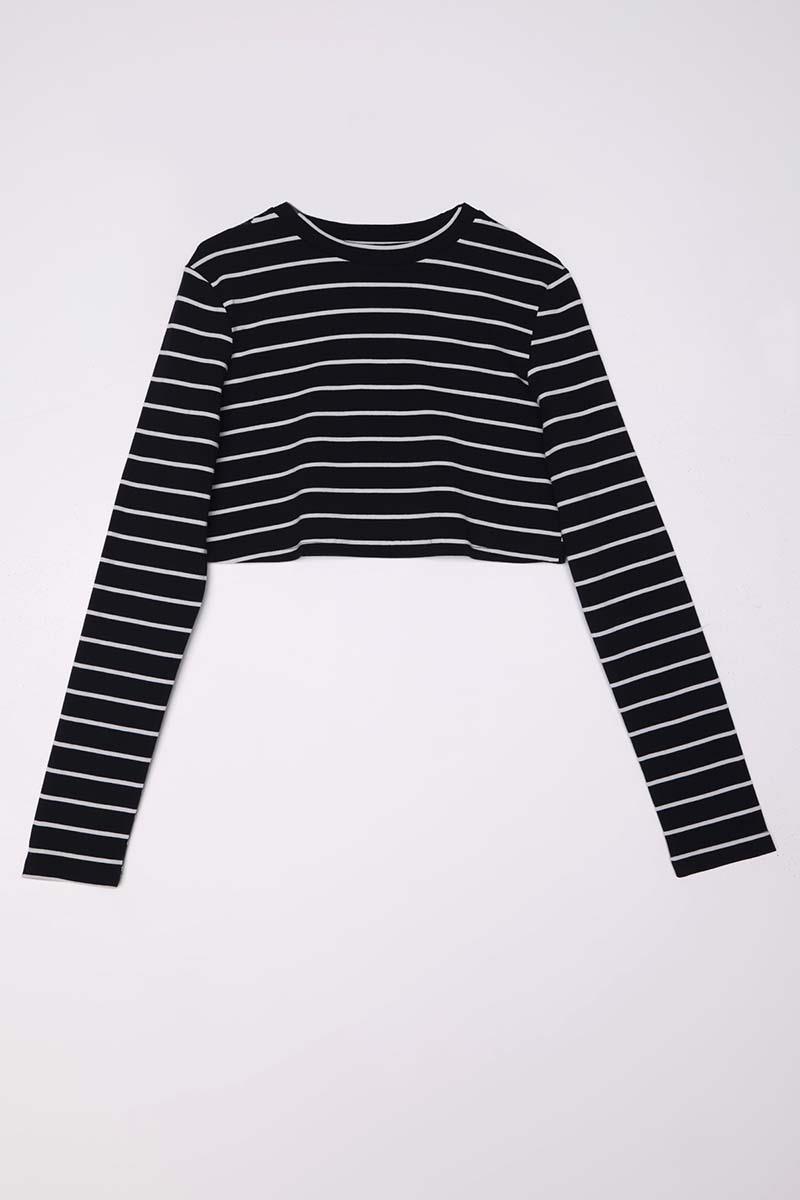 Black-Ecru-Cotton Long Sleeve Crop Underwear