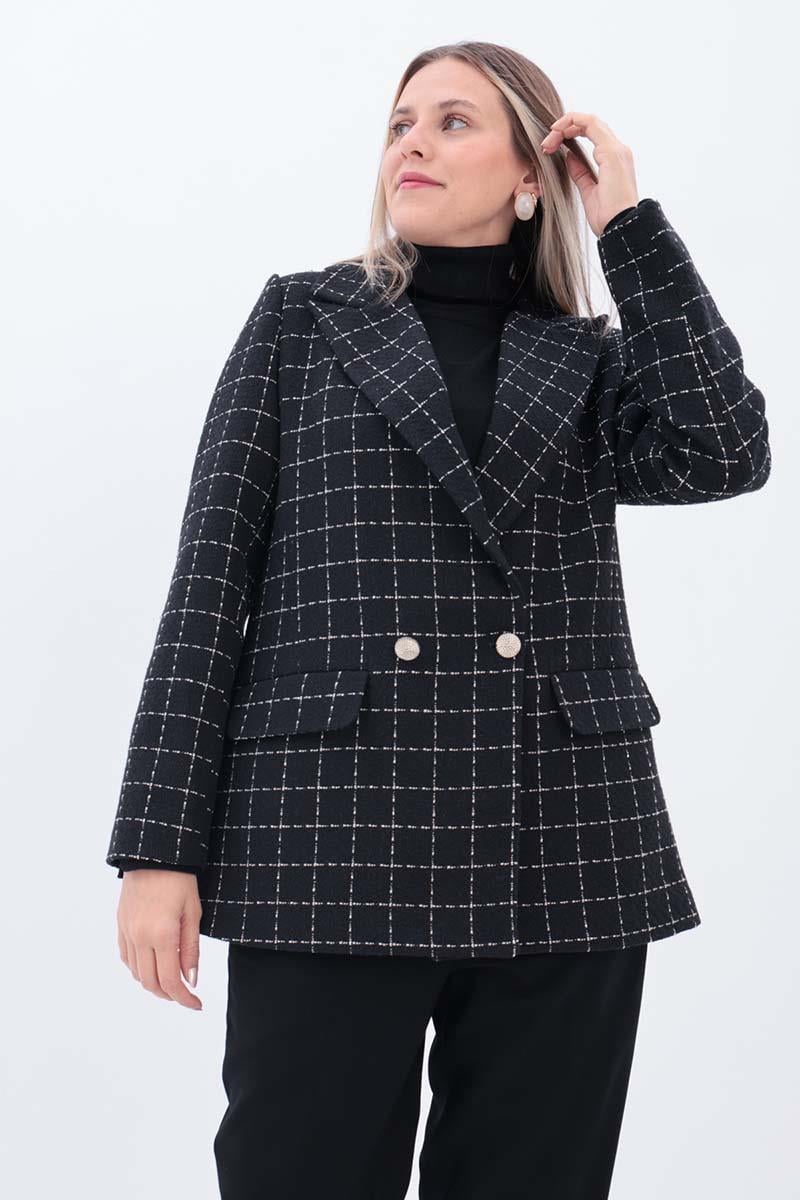 Siyah-Ekru-Simli Tüvit Kumaş Blazer Ceket