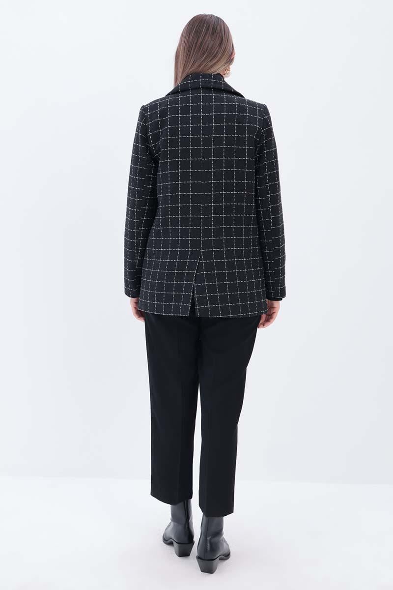 Siyah-Ekru-Simli Tüvit Kumaş Blazer Ceket