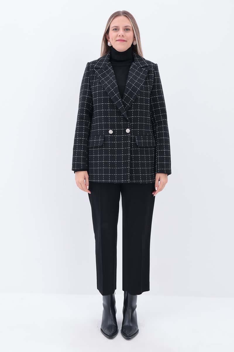 Siyah-Ekru-Simli Tüvit Kumaş Blazer Ceket