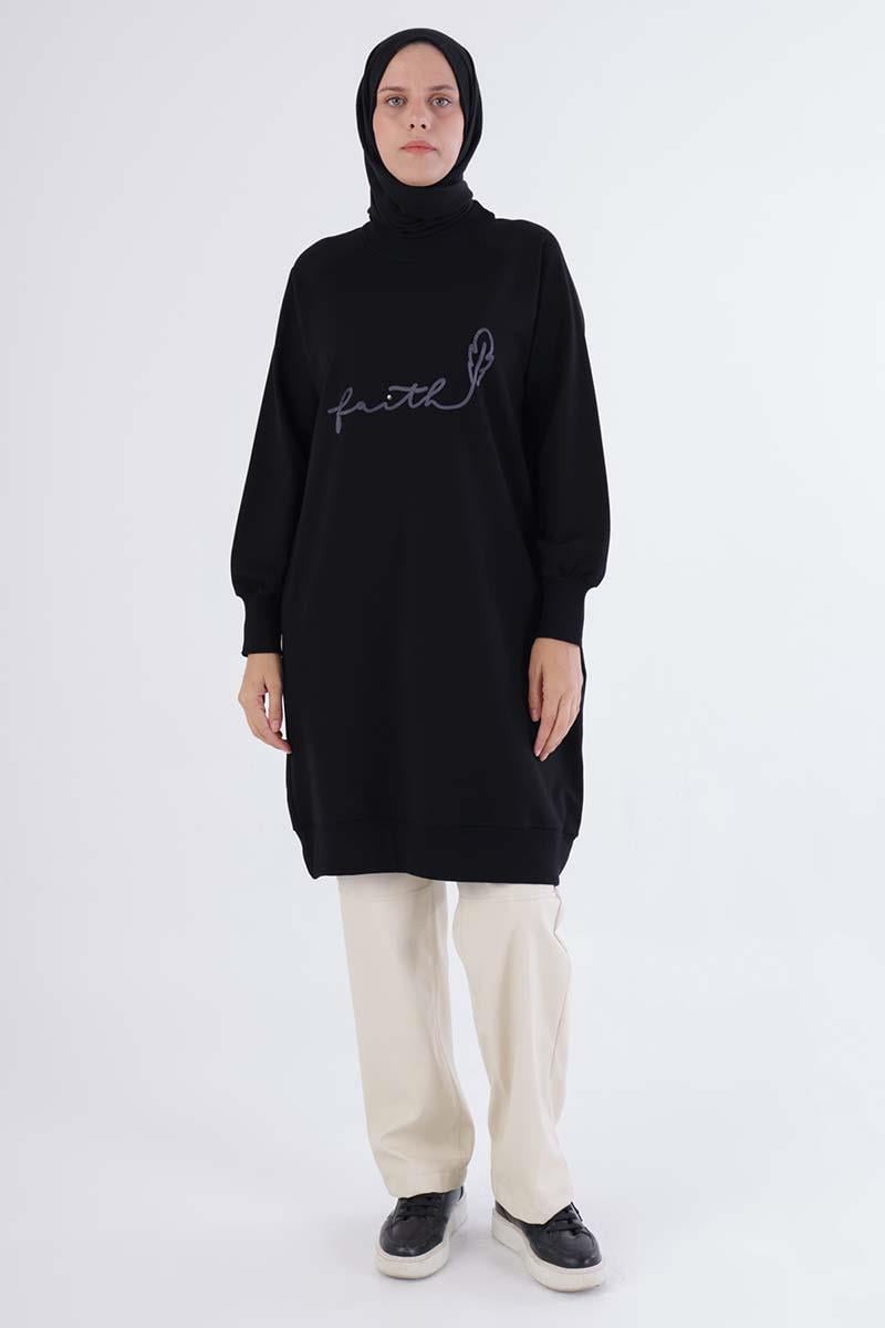 Siyah-Faıth Yazılı Nakışlı Sweat Tunik