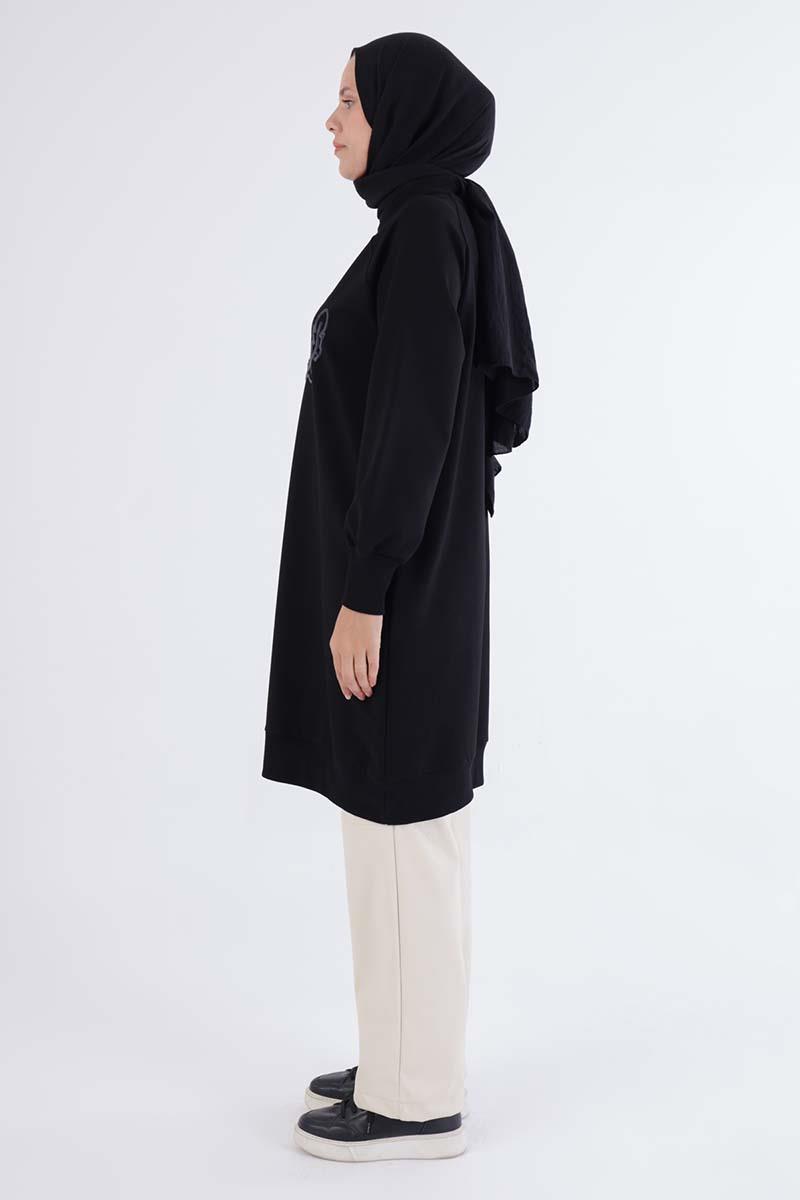 Siyah-Faıth Yazılı Nakışlı Sweat Tunik