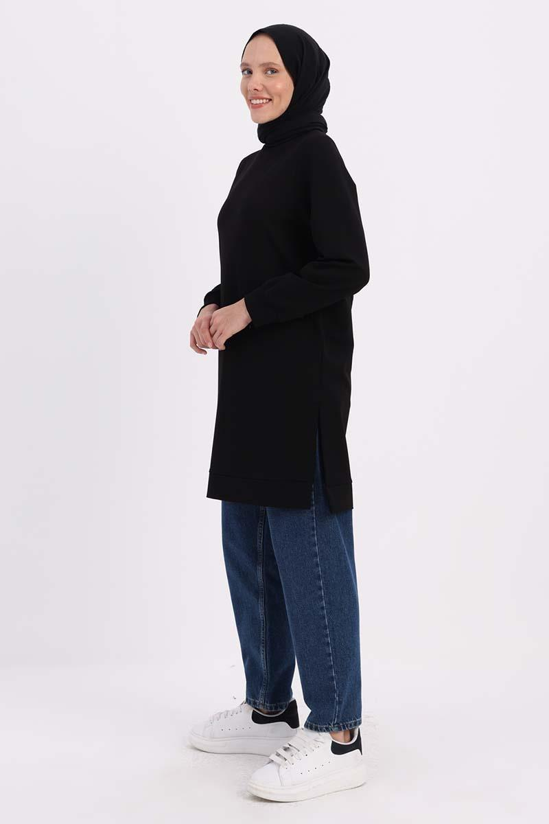 Siyah-FERMUAR CEPLİ YIRTMAÇLI SWEAT TUNİK