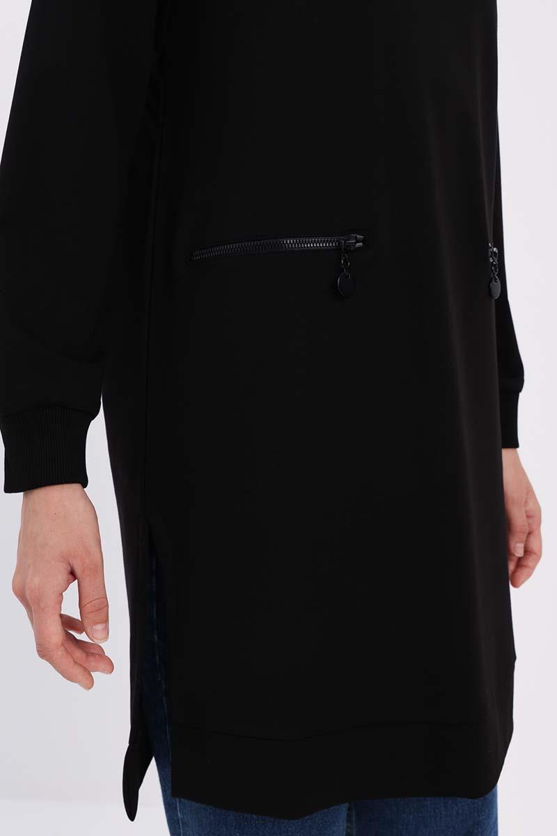 Siyah-FERMUAR CEPLİ YIRTMAÇLI SWEAT TUNİK