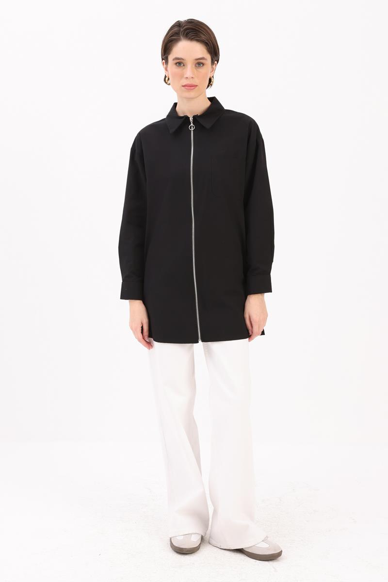 Siyah-FERMUARLI MANŞETİ DUBLELİ GÖMLEK TUNİK