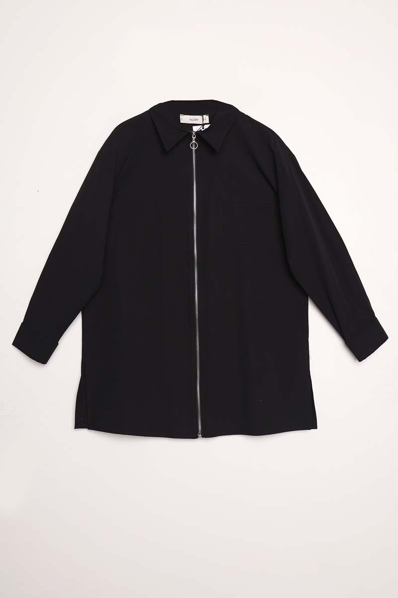 Siyah-FERMUARLI MANŞETİ DUBLELİ GÖMLEK TUNİK