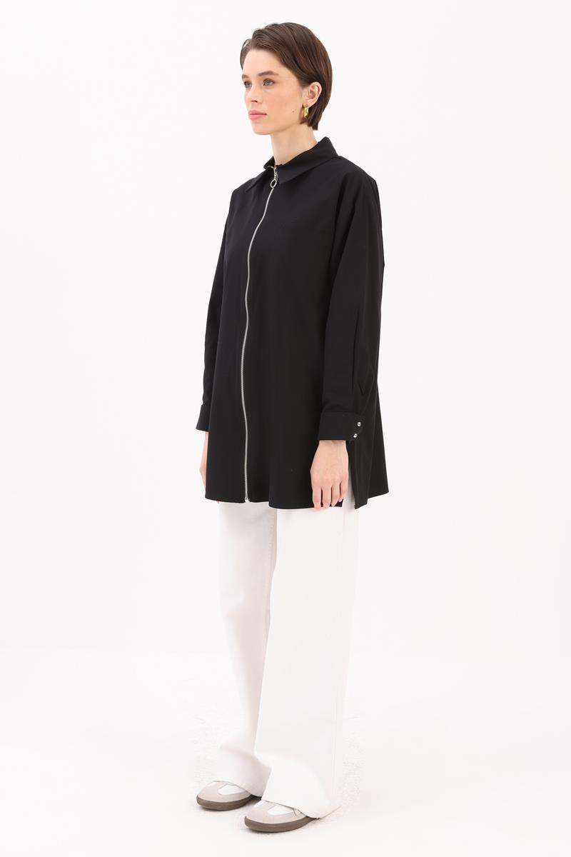 Siyah-FERMUARLI MANŞETİ DUBLELİ GÖMLEK TUNİK