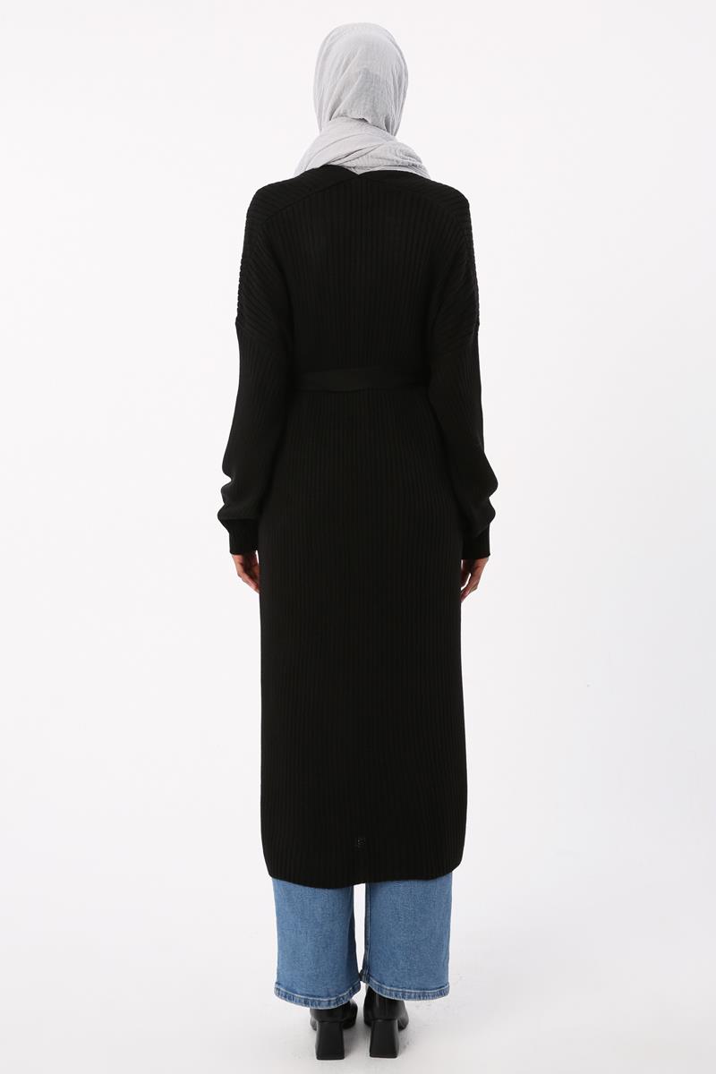 Cardigan long tricoté noir à ceinture côtelée