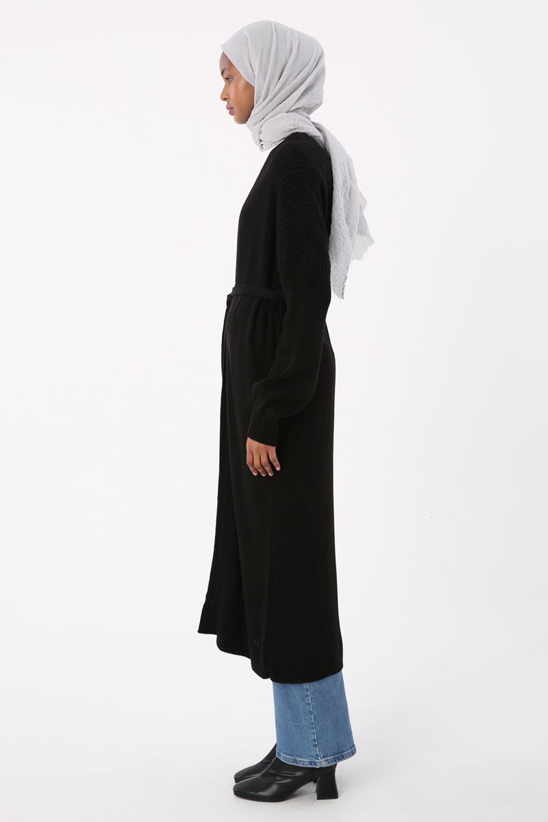 Cardigan long tricoté noir à ceinture côtelée