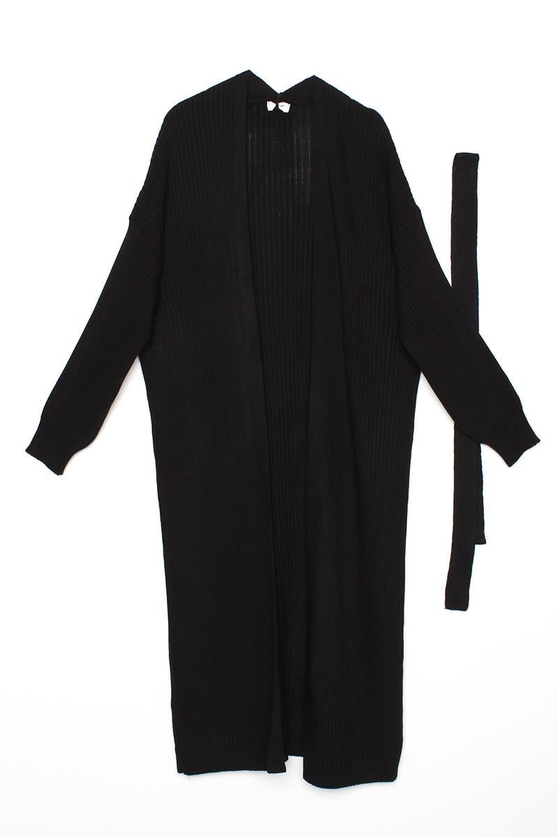 Cardigan long tricoté noir à ceinture côtelée