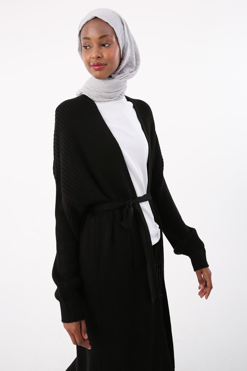 Cardigan long tricoté noir à ceinture côtelée