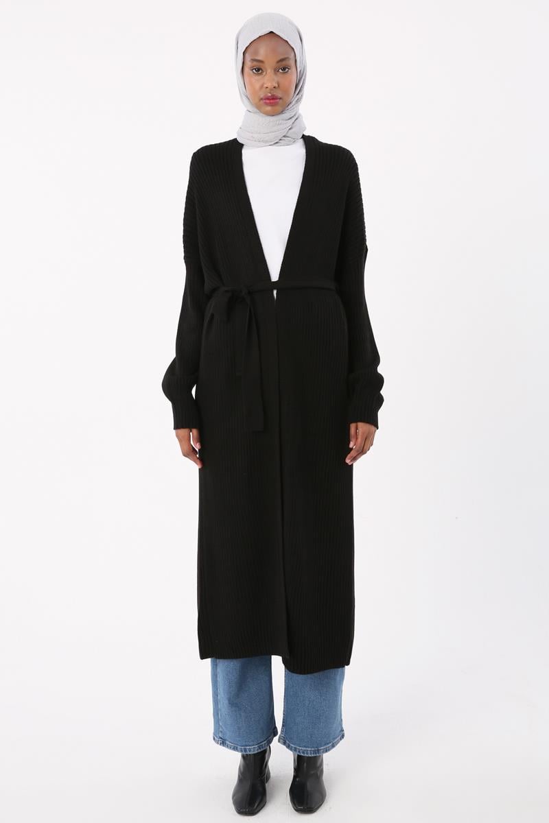 Cardigan long tricoté noir à ceinture côtelée