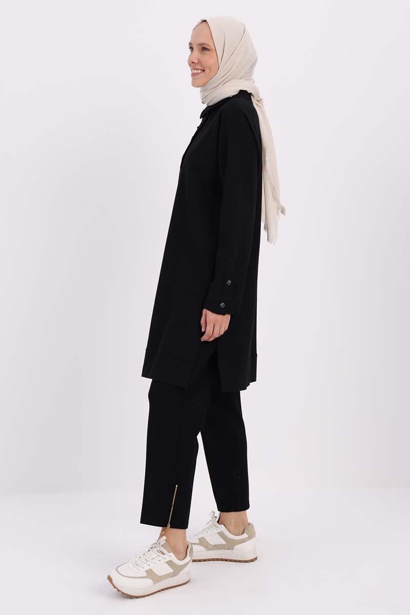 Siyah-GÖMLEK YAKA YARIM PATLI YIRTMAÇLI TUNİK