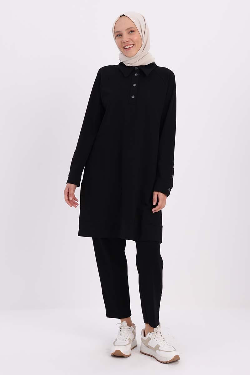 Siyah-GÖMLEK YAKA YARIM PATLI YIRTMAÇLI TUNİK