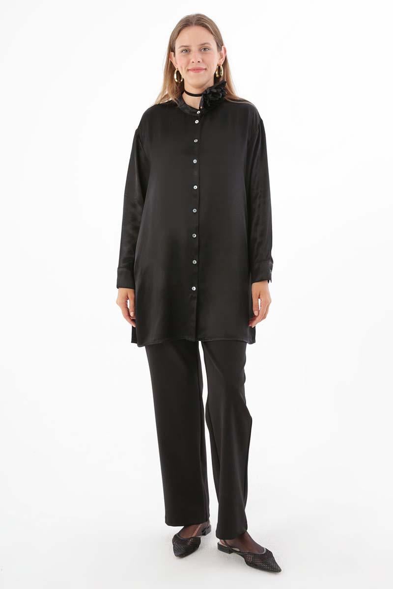 Black-Made Collar Shirt Tunic with Slits on the Sides