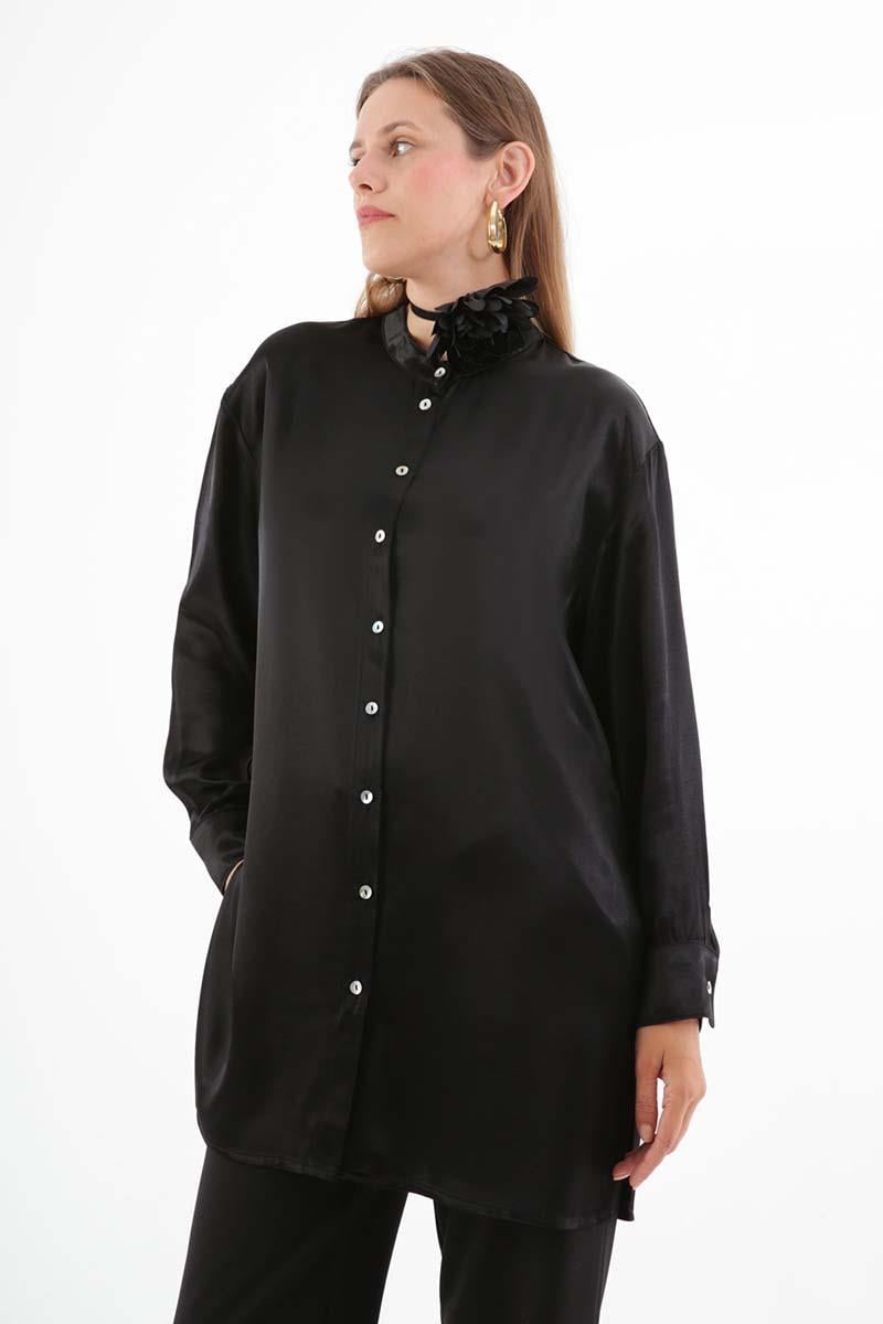 Black-Made Collar Shirt Tunic with Slits on the Sides
