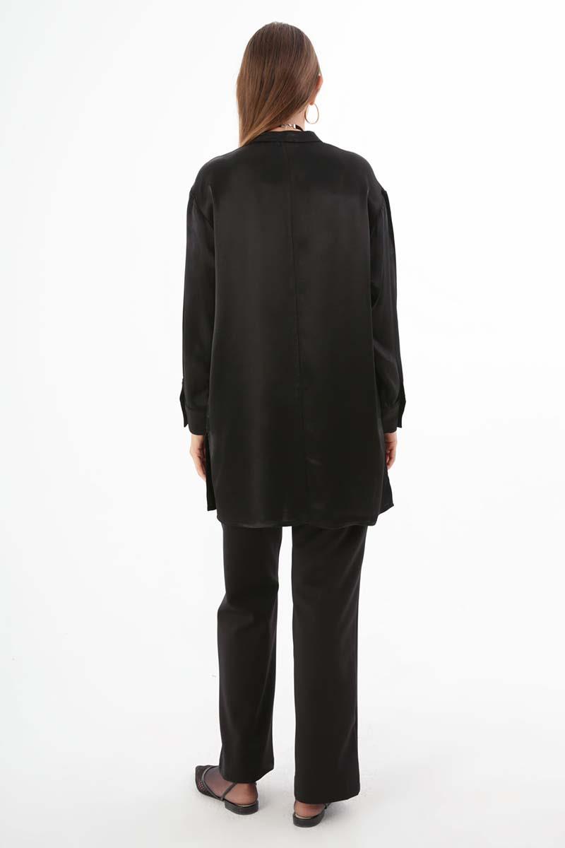 Black-Made Collar Shirt Tunic with Slits on the Sides