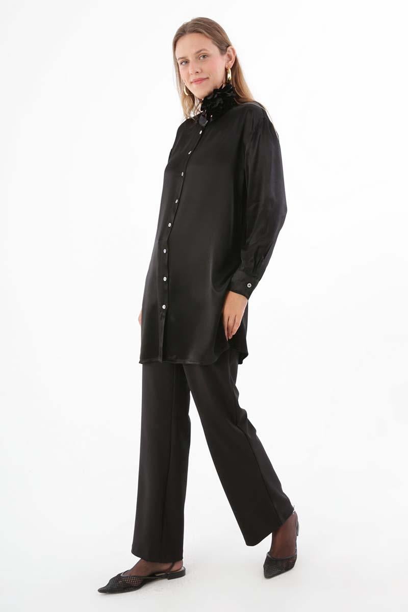 Black-Made Collar Shirt Tunic with Slits on the Sides