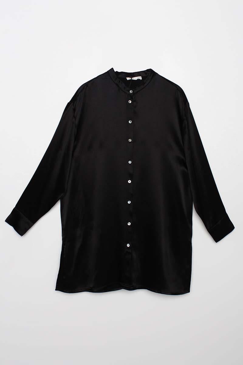 Black-Made Collar Shirt Tunic with Slits on the Sides