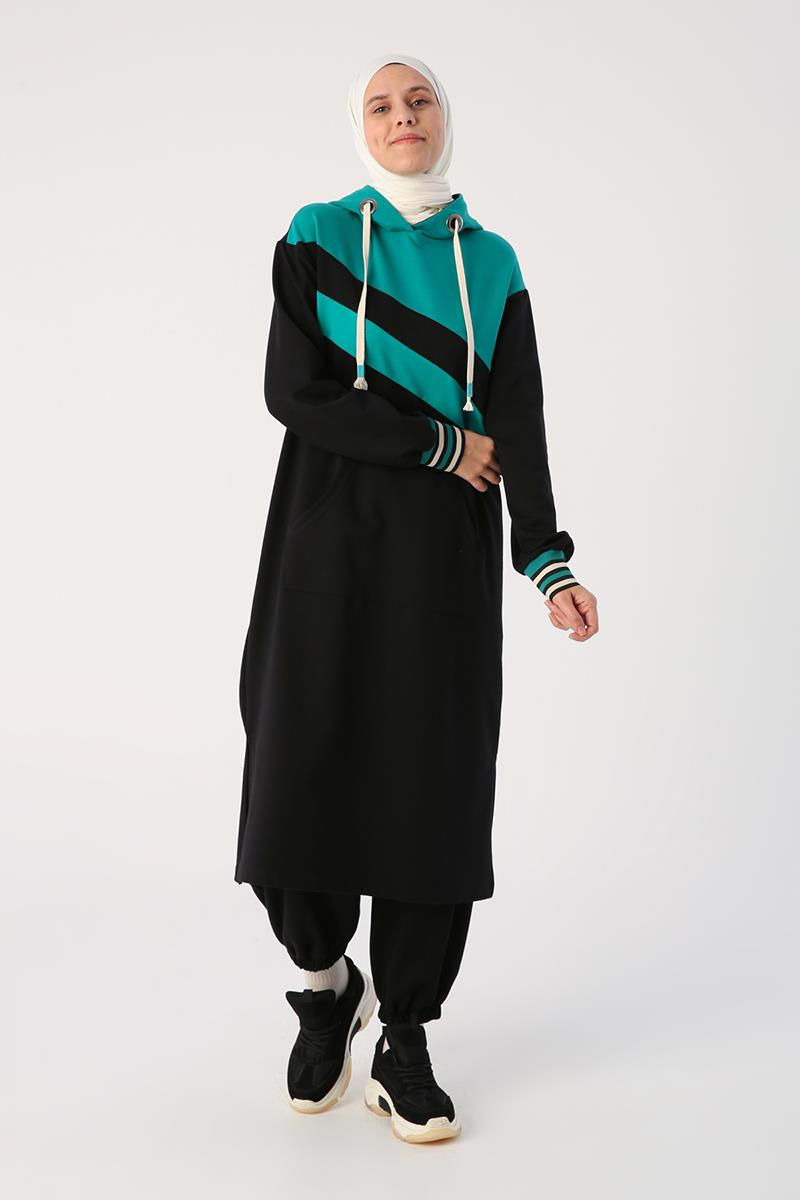 Siyah-İki Renkli Kapüşonlu Sweat Tunik