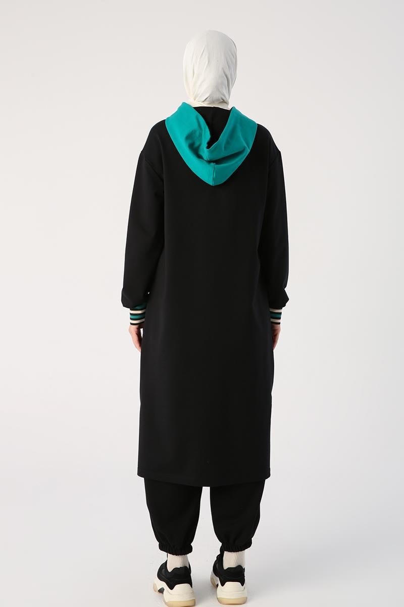 Siyah-İki Renkli Kapüşonlu Sweat Tunik