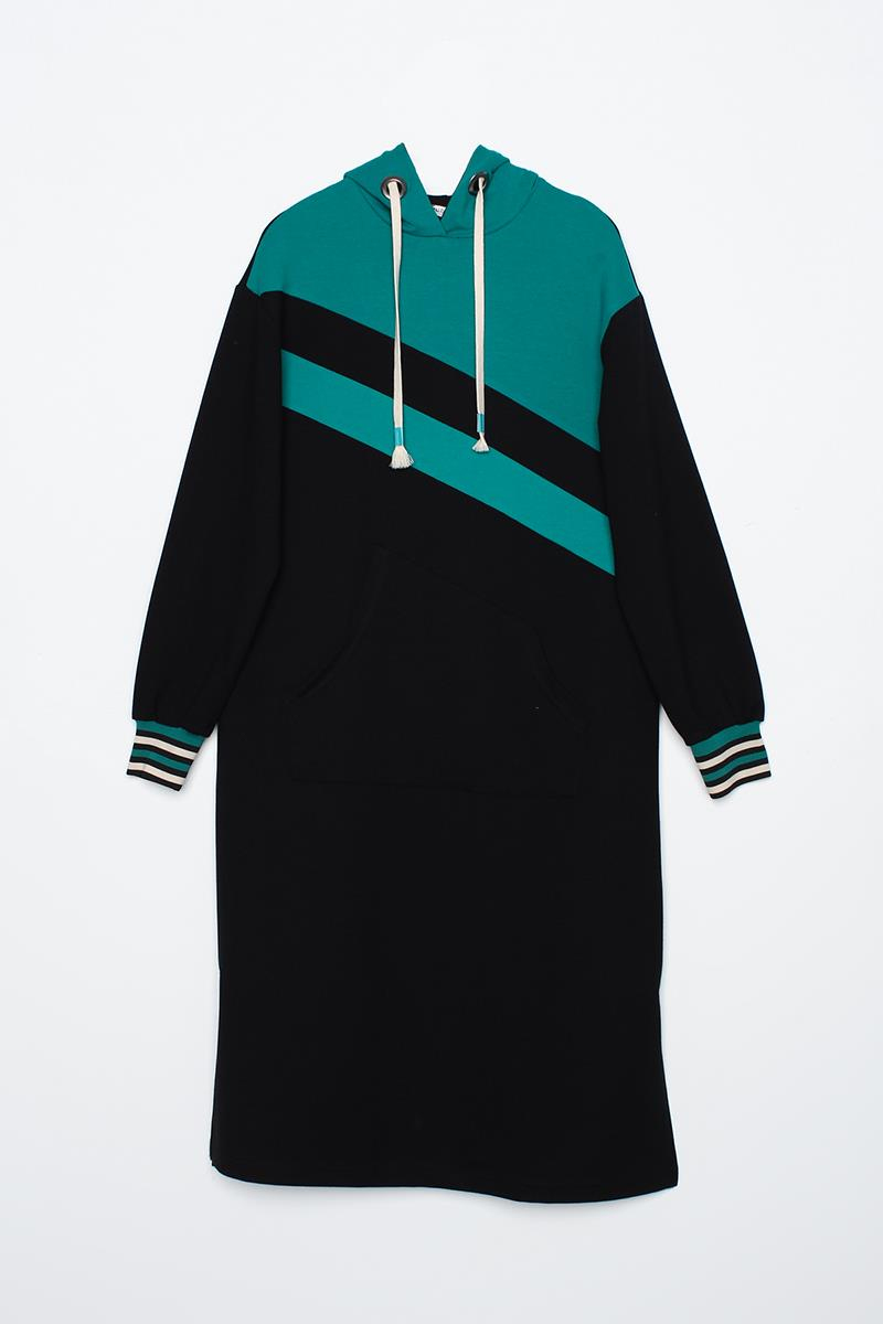 Siyah-İki Renkli Kapüşonlu Sweat Tunik