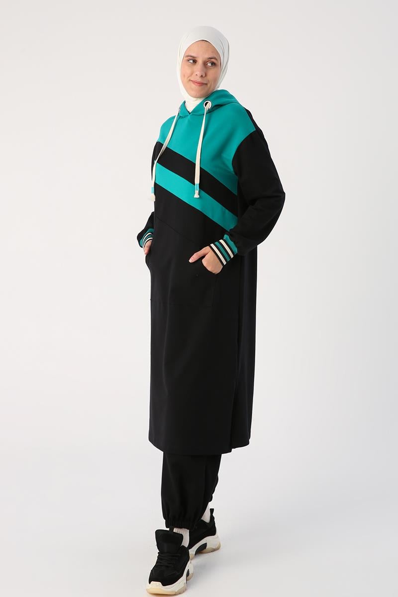 Siyah-İki Renkli Kapüşonlu Sweat Tunik