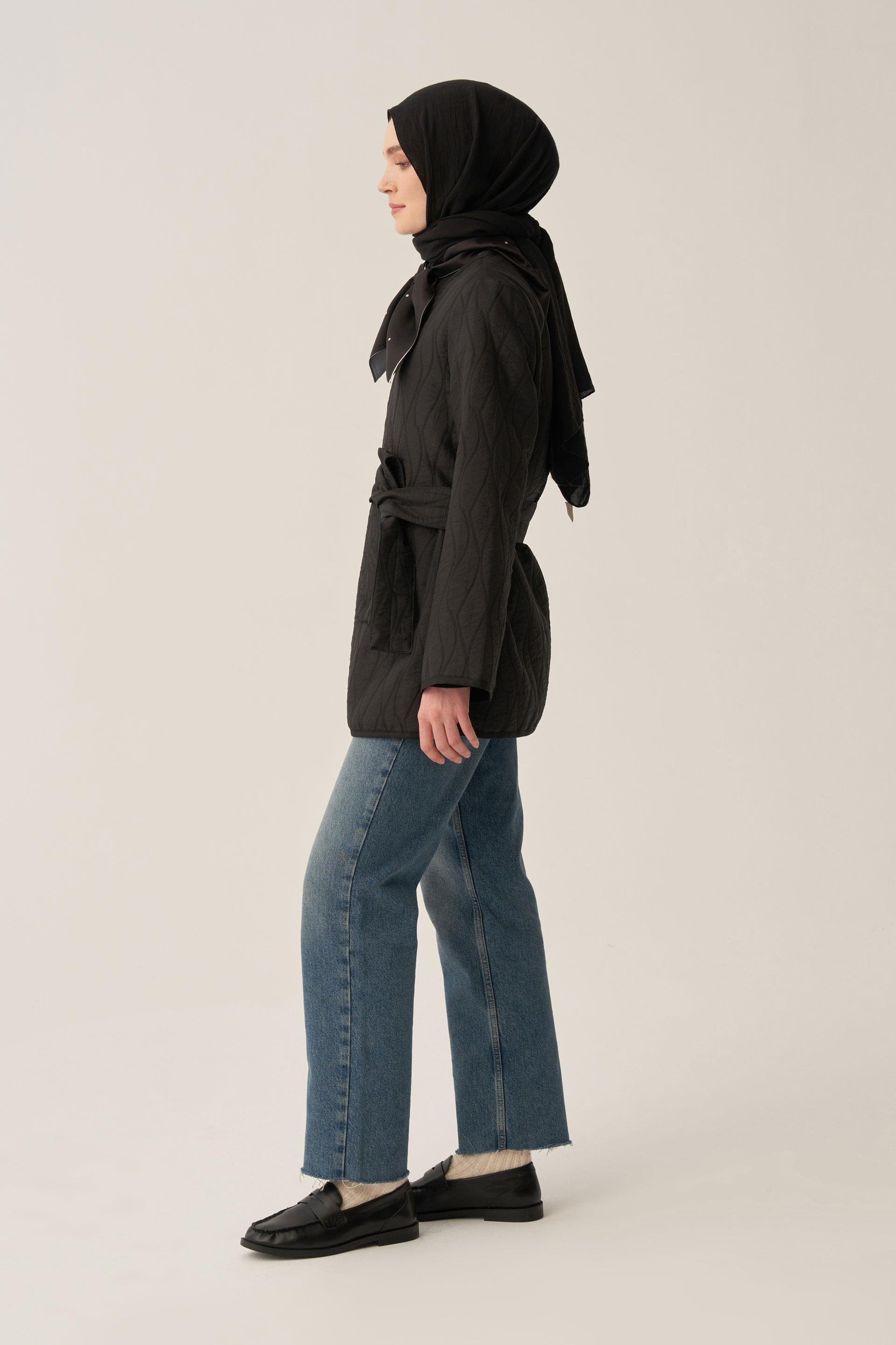 Siyah-İnce Kapitone Kruvaze Kuşaklı Ceket