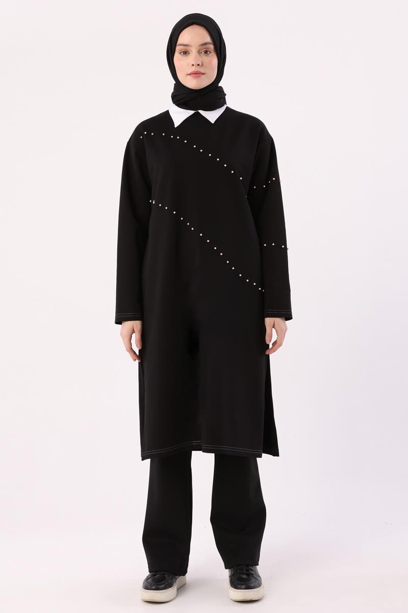 Siyah-İncili Uzun Sweat Tunik