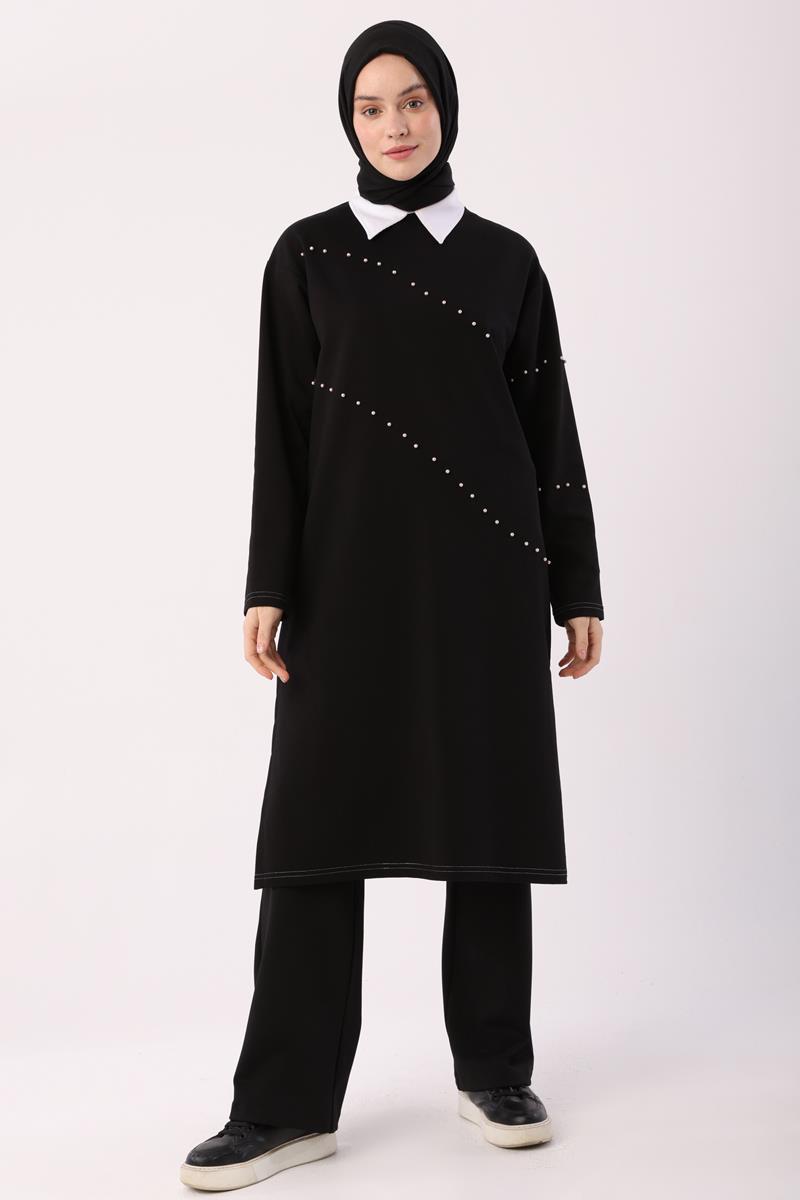 Siyah-İncili Uzun Sweat Tunik