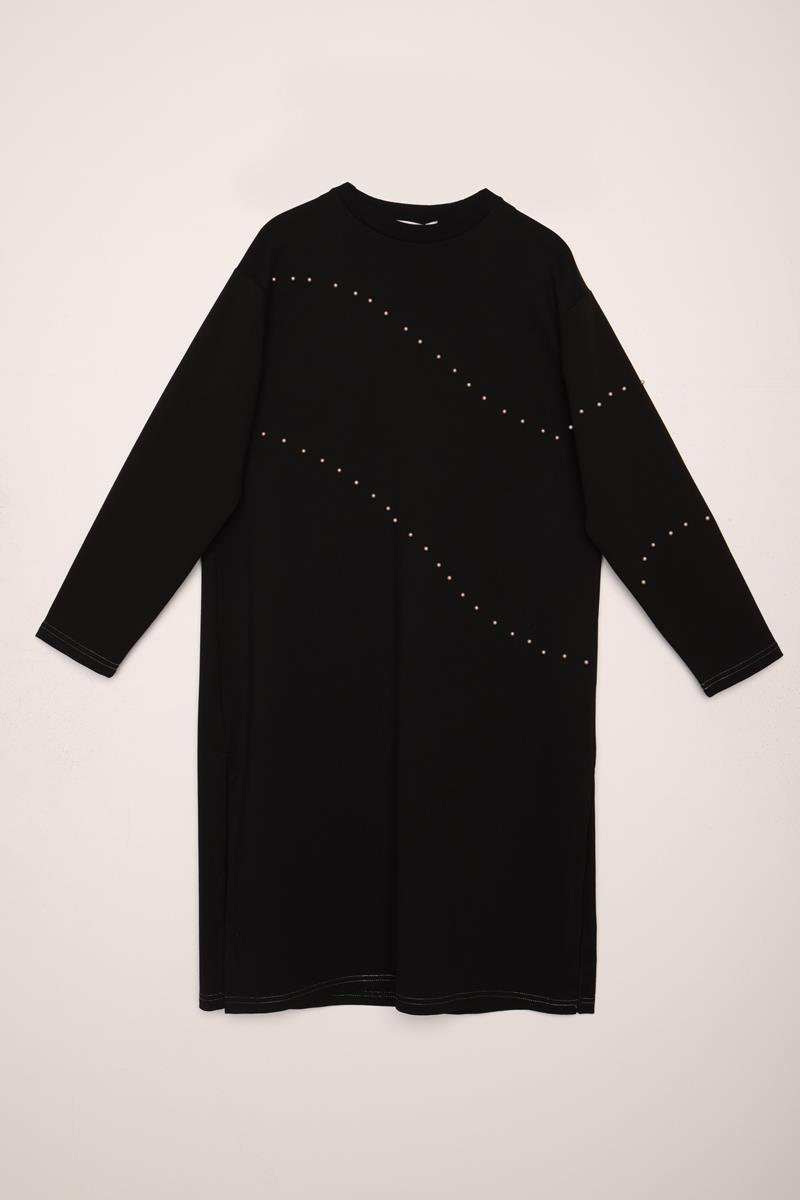 Siyah-İncili Uzun Sweat Tunik