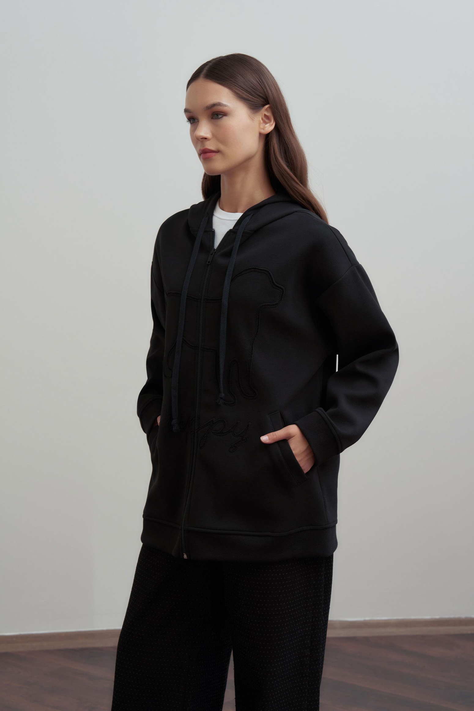 Siyah-Kanguru Cep Detaylı Sweatshirt