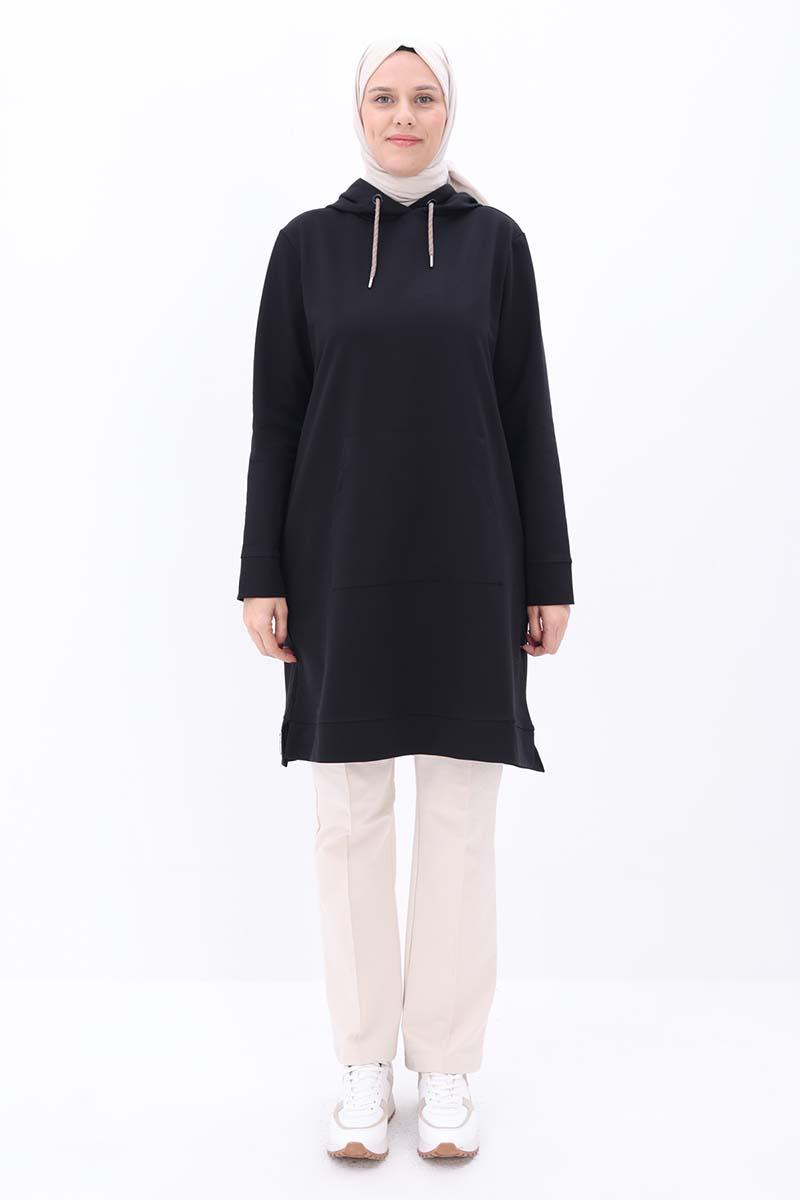 Siyah-Kapüşonlu Kordonlu Sweat Tunik