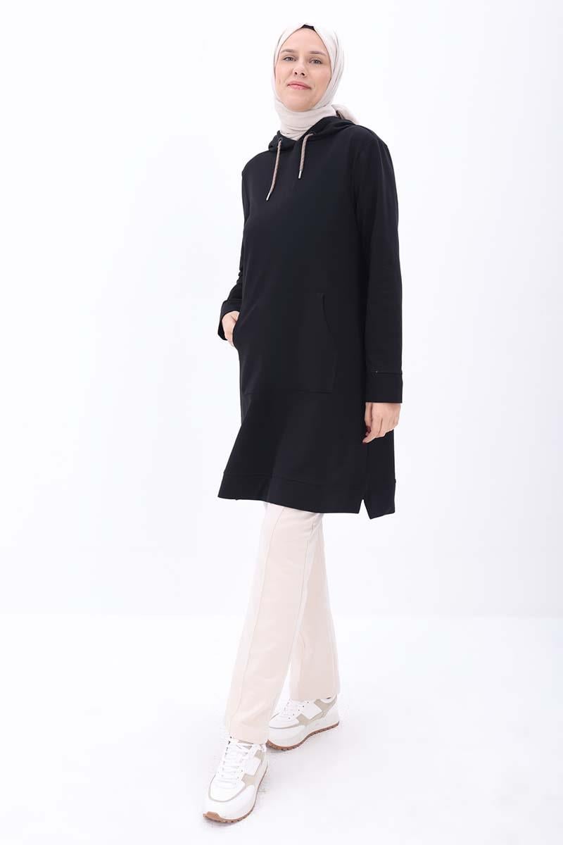 Siyah-Kapüşonlu Kordonlu Sweat Tunik