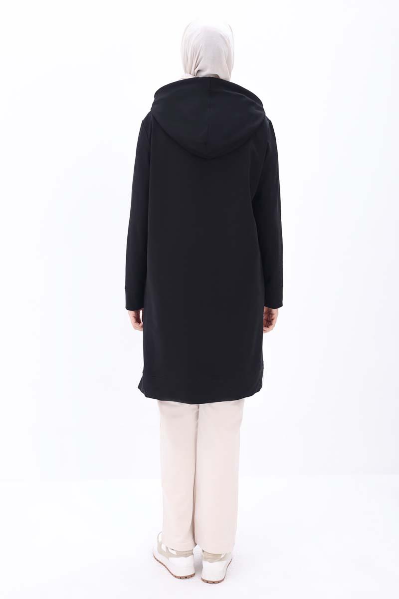 Siyah-Kapüşonlu Kordonlu Sweat Tunik
