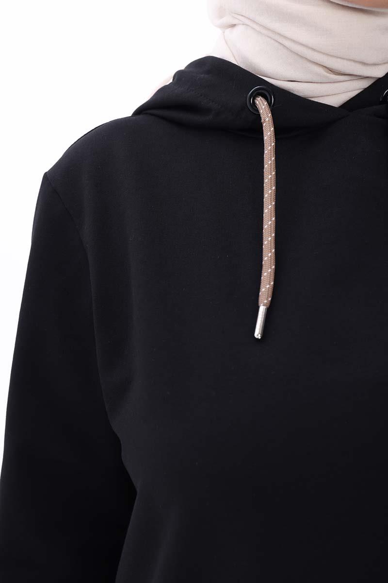 Siyah-Kapüşonlu Kordonlu Sweat Tunik