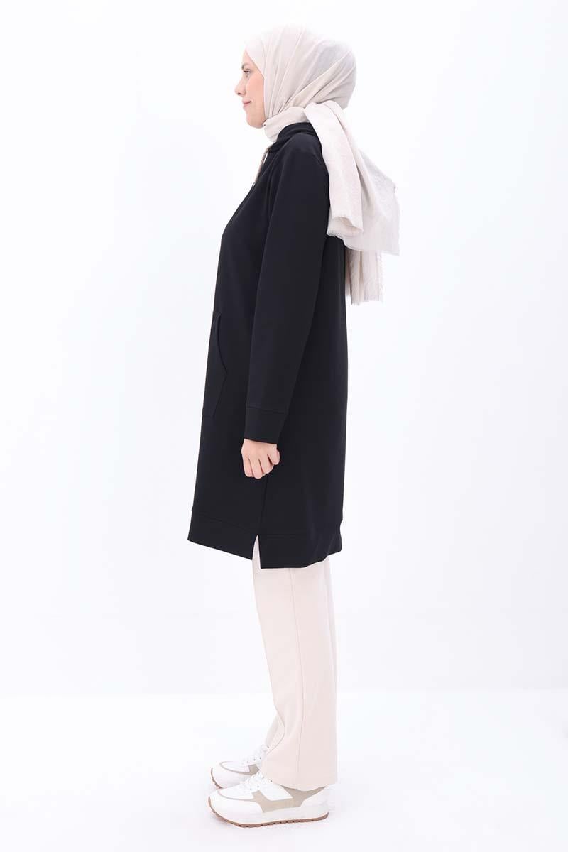 Siyah-Kapüşonlu Kordonlu Sweat Tunik