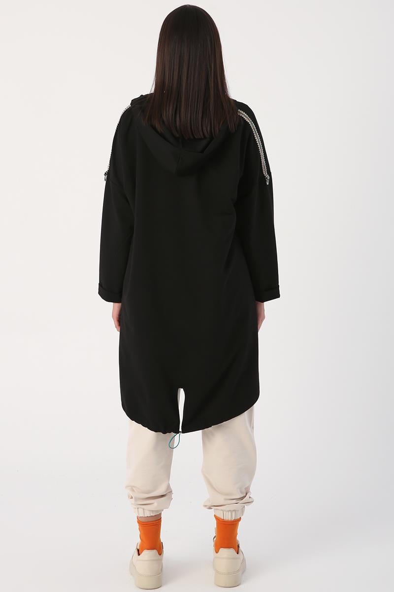 Black-Hooded Stripe Detailed Loose Cardigan