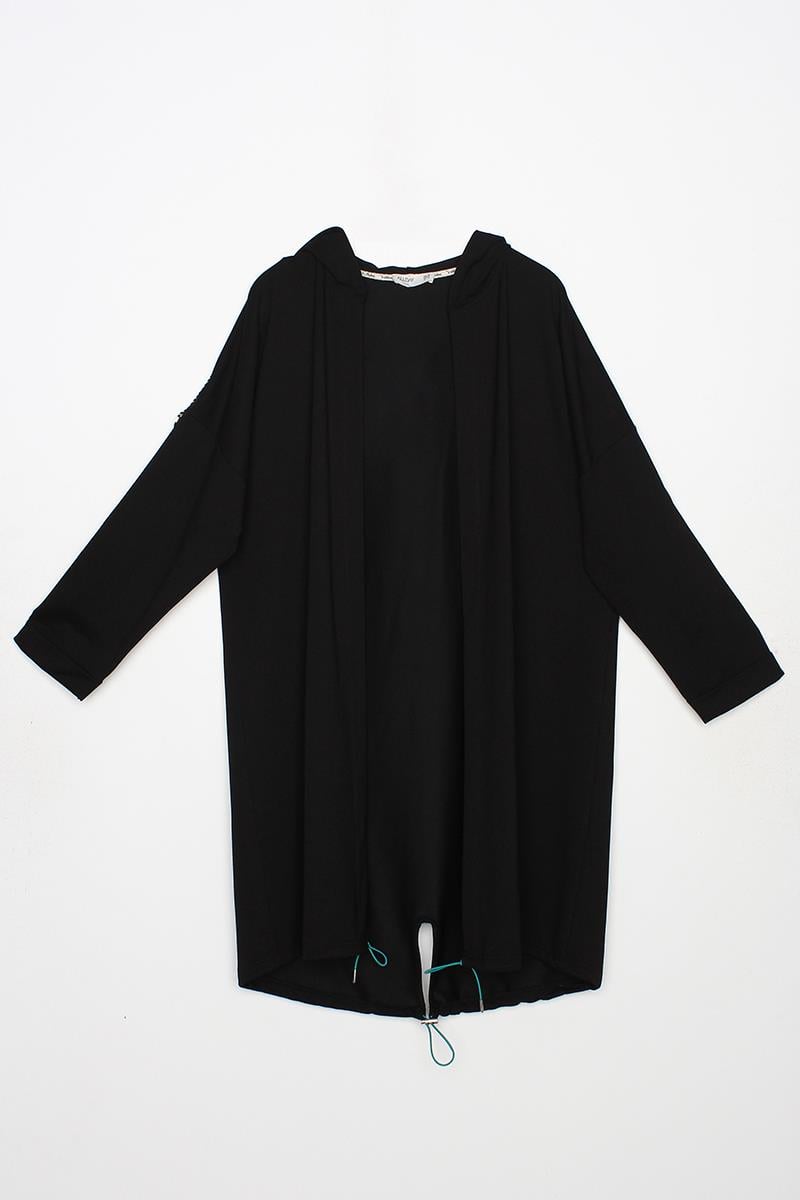 Black-Hooded Stripe Detailed Loose Cardigan